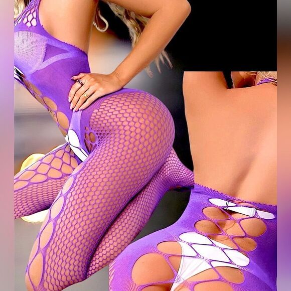 Purple l Halter BodyStocking l Fishnet l OS High Stretch l New - Picture 3 of 8